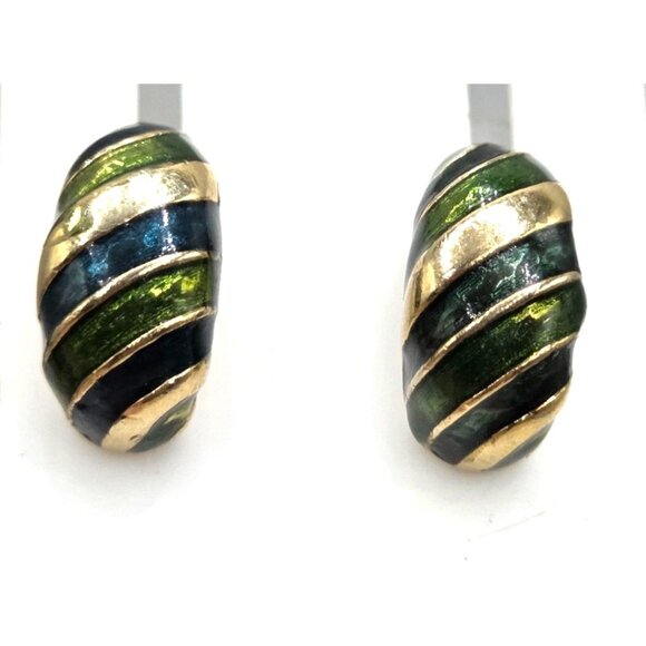 Vintage Half Hoop Gold Green and Blue Enamel Stripe   Earrings - Picture 1 of 2